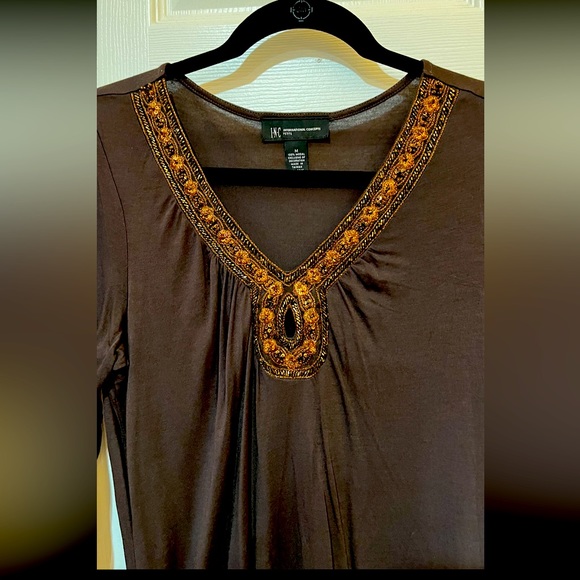 INC Petite M…chocolate brown long sleeved top. Copper bead and sequin neckline. - Picture 2 of 15